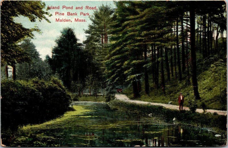 Vtg Malden Massachusetts MA Island Pond & Road Pine Bank Park 1907 View Postcard