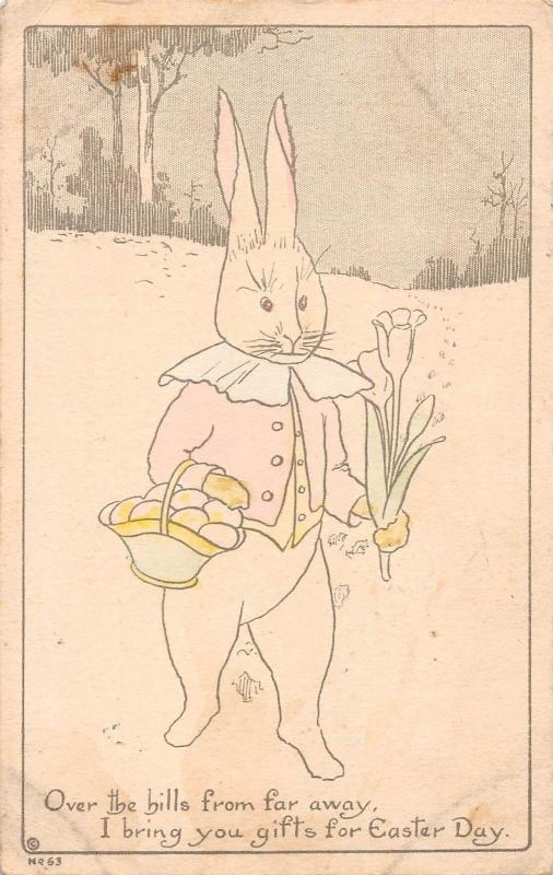 Easter Greetings Dressed Bunny Rabbit with Flowers Antique Postcard (J24752)