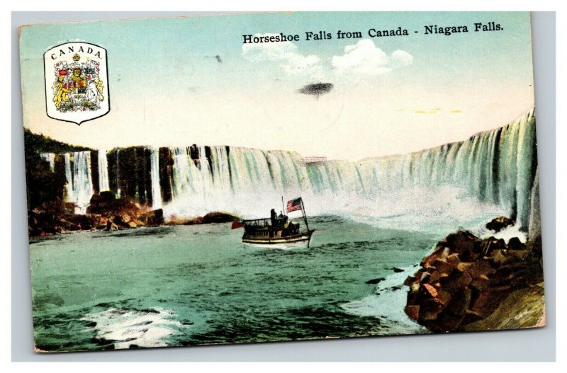 Vintage 1925 Postcard Horseshoe Falls Boat US Flag Niagara Falls Ontario Canada