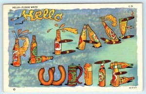 RAY WALTERS Wet Comics HELLO, PLEASE WRITE Beer Bottles, Cigars 1942 Postcard