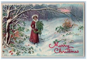 Flint MI Postcard Christmas Pretty Woman With Holly Berries Winter Scene 1914