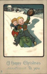 TUCK CHRISTMAS Children Cute Kids Sledding Antique Postcard