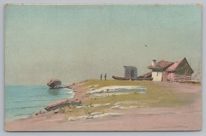 TUCK~Ocean Scene~Boat On Land Nr House~People~Emb~O'er Hill And Dale~132~Vtg PC 