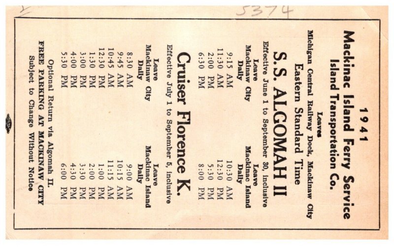 Mackinac Island  Ferry Service . Cruiser Florence K. with Schedule on back