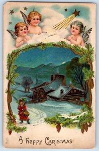Christmas Postcard Angels Cherub Santa Claus Winter Scene Pinecone Embossed Tuck