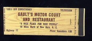 New Bern, North Carolina/NC Match Cover, Gault's Motor Court, 1950's?