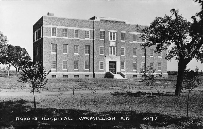 Vermillion South Dakota Hospital Building~Trees along Unpaved Sidewalk~'30s RPPC