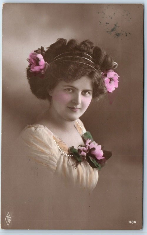 c1900s Austria Cute Big Hair Young Lady Girl Woman RPPC Colored Real Photo A136