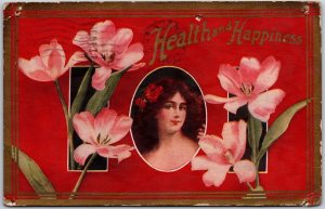 1911 Health and Happiness Flower Pretty Woman Face Greetings Posted Postcard