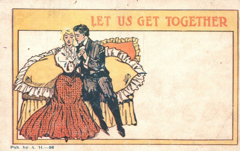 Vintage Postcard 1900's Let Us Get Together! Sweet Couple Lovers Romance Comics