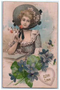 1911 Pretty Woman With Love Heart Flowers Silk Winsch Back Hanska MN Postcard