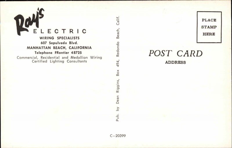 Manhattan Beach CA Ray's Electric Service Trucks Store Advertising Postcard
