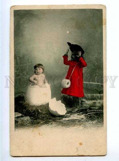 156303 Baby in EGG as Chicken & Girl in Red Vintage PHOTO