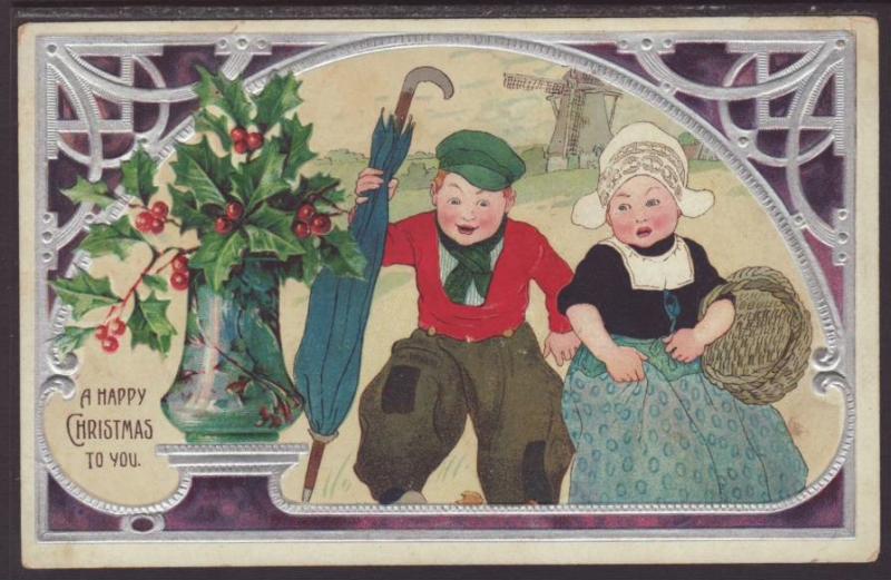 A Happy Christmas,Dutch Boy and Girl Postcard