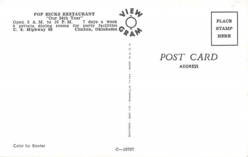 Clinton Oklahoma Pop Hicks' Restaurant Vintage Postcard AA31707