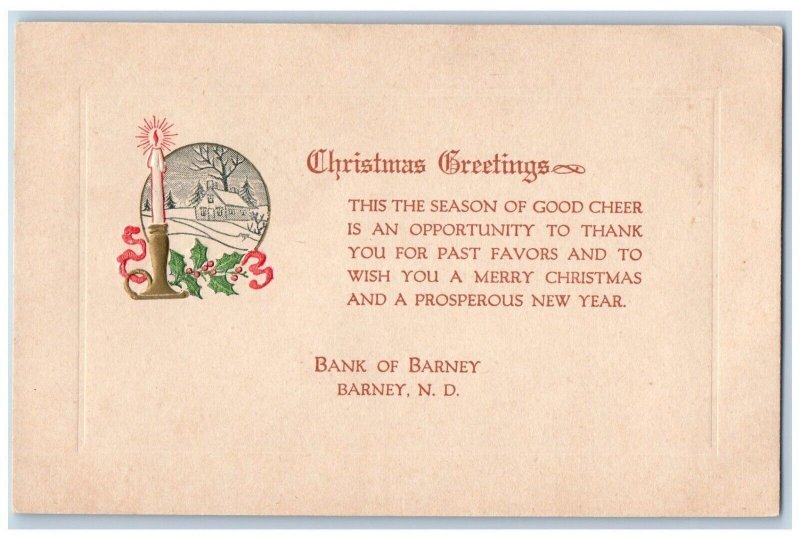 Barney North Dakota Postcard Bank Barney Christmas Season Greetings 1940 Vintage