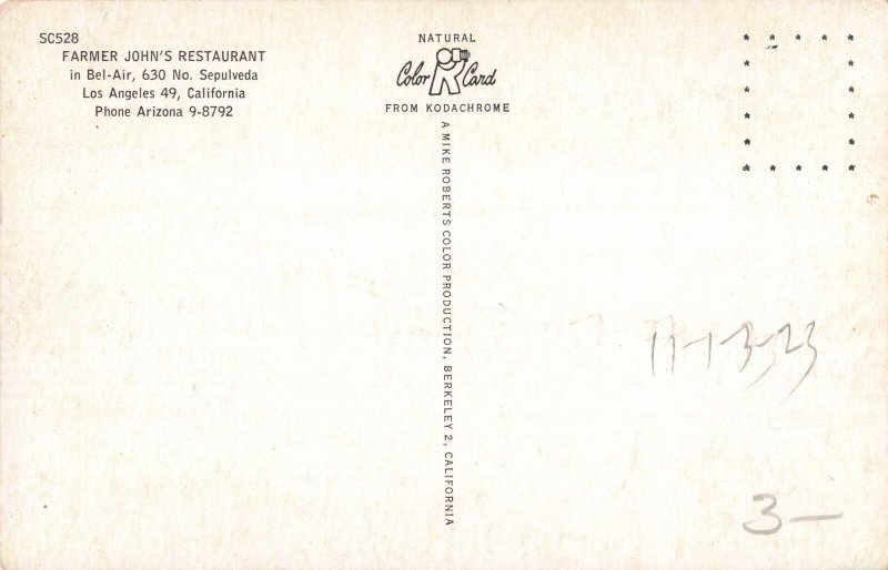 Farmer John's Restaurant Bel-Air Los Angeles California Postcard 2T3-630 