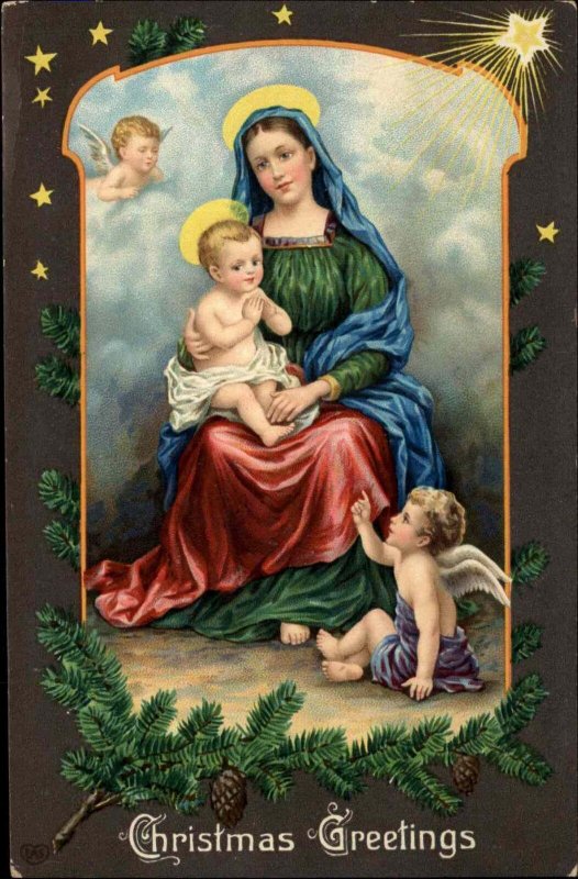 EAS Christmas Mary Baby Jesus Baby Angels Nativity c1910 Gel Postcard