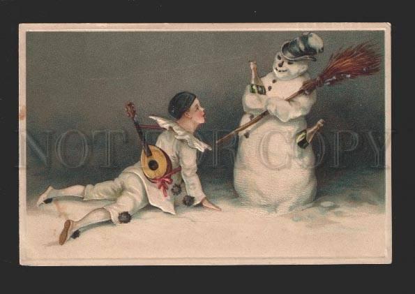 078523 SNOWMAN & PIERROT w/ Mandolin Vintage Embossed PC