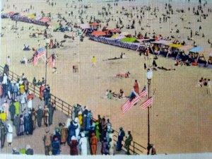 Atlantic City Postcard Bathing Beach Ocean Flags Boardwalk New Jersey NJ Linen