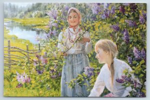 LITTLE GIRLS Lilac Garden Russian ethnic Peasant KIDS ART Russian NEW Postcard 	