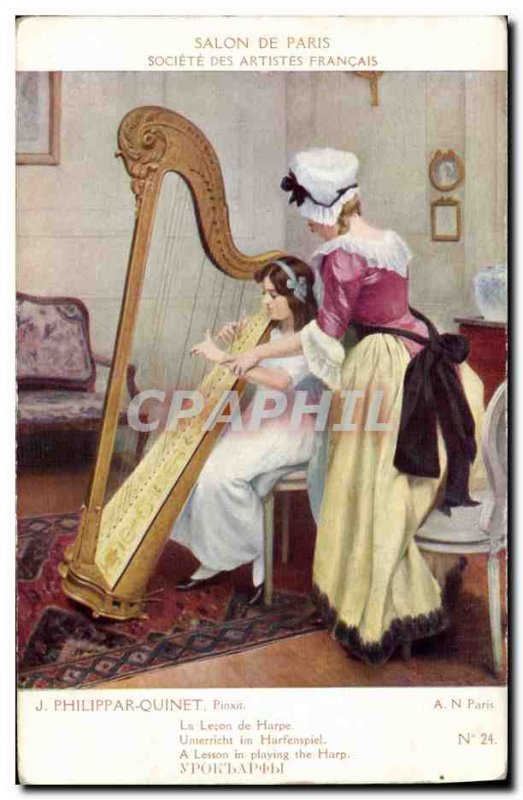 Old Postcard Paris Salon Philippar Quinet The harp lesson