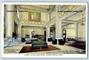 Cedar Rapids Iowa IA Postcard Lobby Hotel Montrose Interior View 1919 Vintage