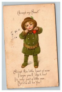 Vintage 1915 Gibson Valentines Postcard Boy Delivers his Heart Nice Poem