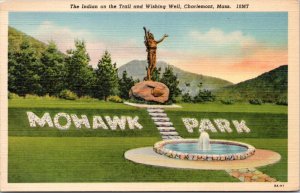 Postcard MA Charlemont - Mohawk Park Statue and Wishing Well