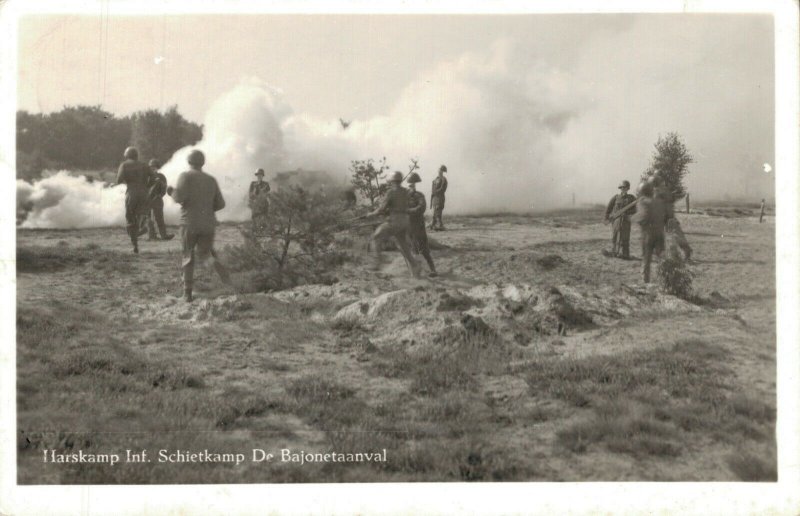 Military Dutch postcard Harskamp Infanterie Schietkamp Bajonetaanval RPPC 3.30