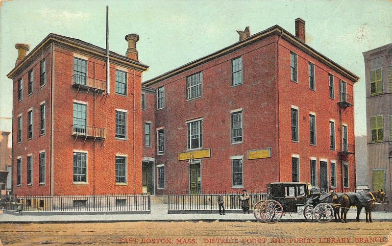 East Boston MA District Court & Public Library Horse & Wagon Postcard