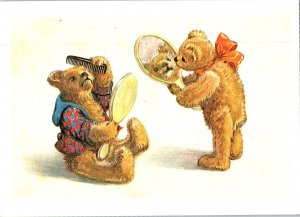 Teddy Bears Grooming And Admiring Reflection 1930 Netherland Postmark Postcard