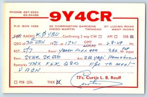 Trinidad and Tobago B.W.I Postcard 9Y4CR QSL Ham Radio 1971 Vintage Posted