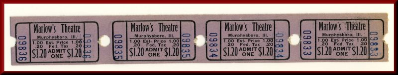 Four $1.20 Marlow's Movie Theatre Tickets, Murphysboro, Illinois/IL, 195...