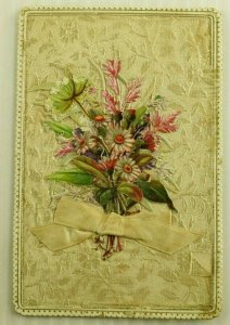 1880's Real Fabric Silk With Ribbon Victorian Card Beautiful Flowers Fab! P194