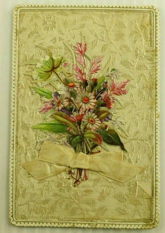 1880's Real Fabric Silk With Ribbon Victorian Card Beautiful Flowers Fab! P194 