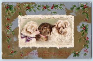 Christmas Postcard Wishes Cute Puppies Cat Kitten And Holly Berries Winsch Back