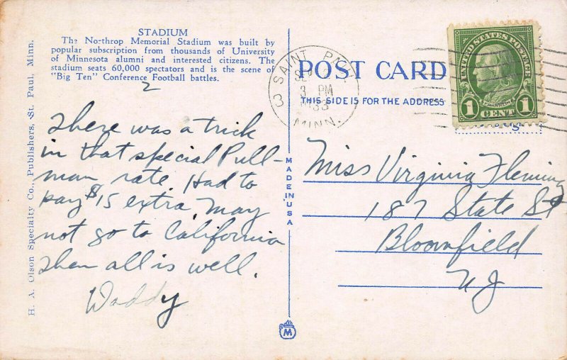 Memorial Stadium, University of Minnesota, Early Postcard, Used in 1933