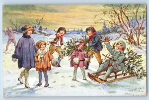 Artist Signed Postcard Christmas Children Playing Snowball Winter Czech Republic