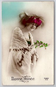 RPPC Lovely Edwardian Woman Bonne Annee Hand Colored New Year Postcard S21