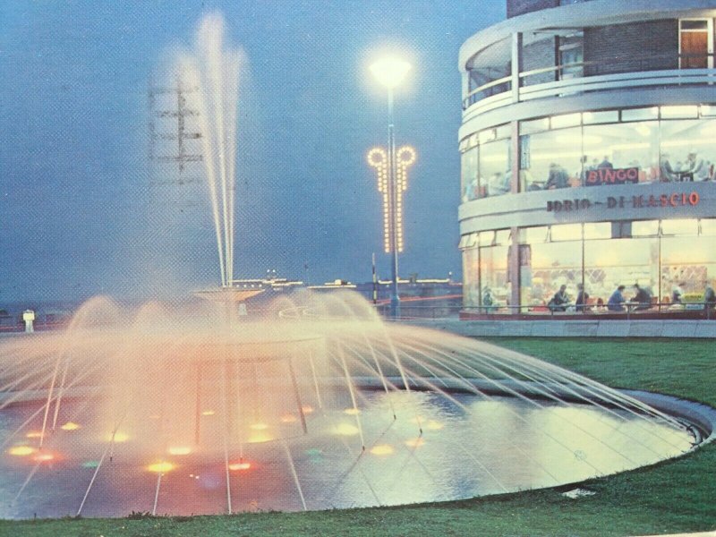 Hastings Fountain at Night Vtg Postcard 1969 Borio Di Mascio Restaurant Bingo