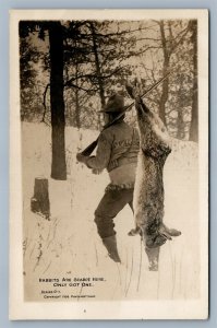 EXAGGERATED RABBIT HUNTING THEME 1909 ANTIQUE REAL PHOTO POSTCARD RPPC