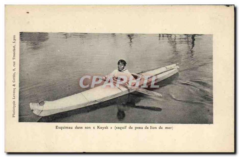 Old Postcard Eskimo in his kayak sea lion skin skiff