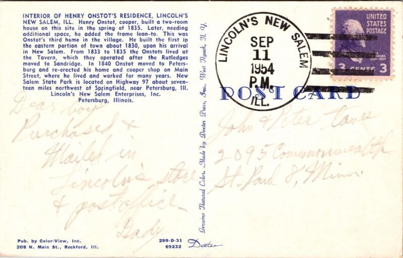 Henry Onstots Residence Lincolns New Salem Illinois Chrome Cancel WOB Postcard