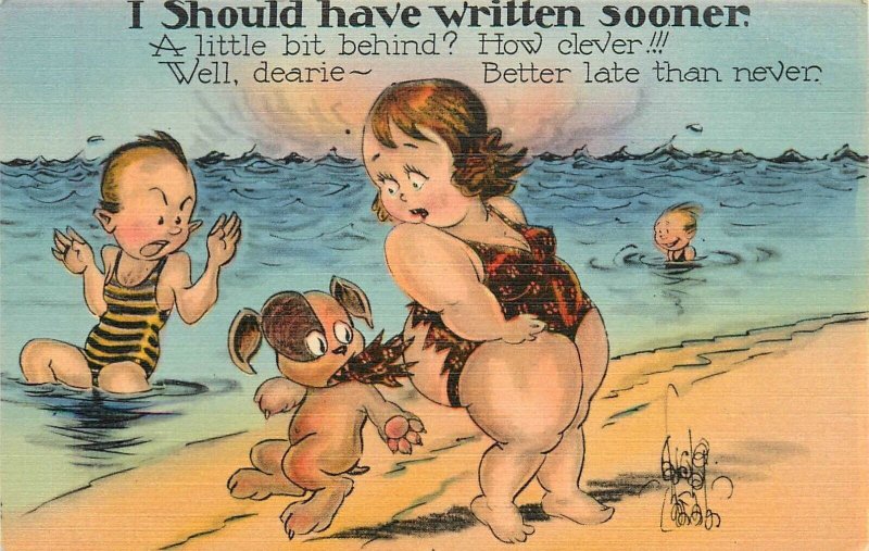 Postcard 1940s Fat woman dog ripped bathing suit comic humor 23-13774