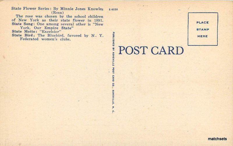 1940s New York State Flower Rose linen Asheville postcard 10881