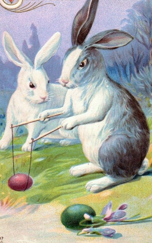C.1910 Adorable Anthropomorphic Rabbit Colored Eggs Easter #2 Postcard P165 
