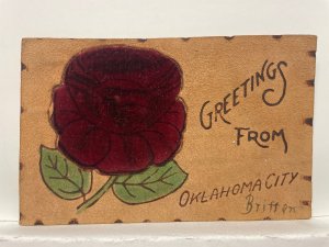 Greetings From OKLAHOMA CITY Britton Velvet Rose Leather Postcard Posted 1906