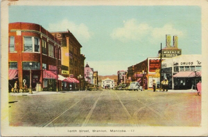 Tenth Street Brandon MB Manitoba RCA McKenzie Seeds c1943 PECO Postcard G48