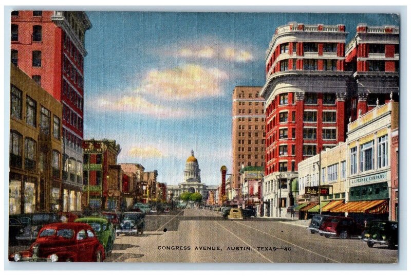 Austin Texas TX Postcard Congress Avenue Business Section Scene c1940's Cars